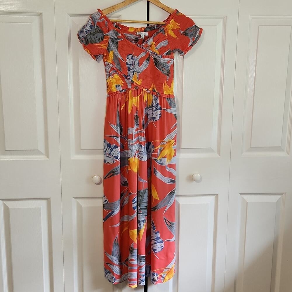 Patrons Of Peace Women's Coral Tropicalβ Smocked Wide Leg Jumpsuit Size SM